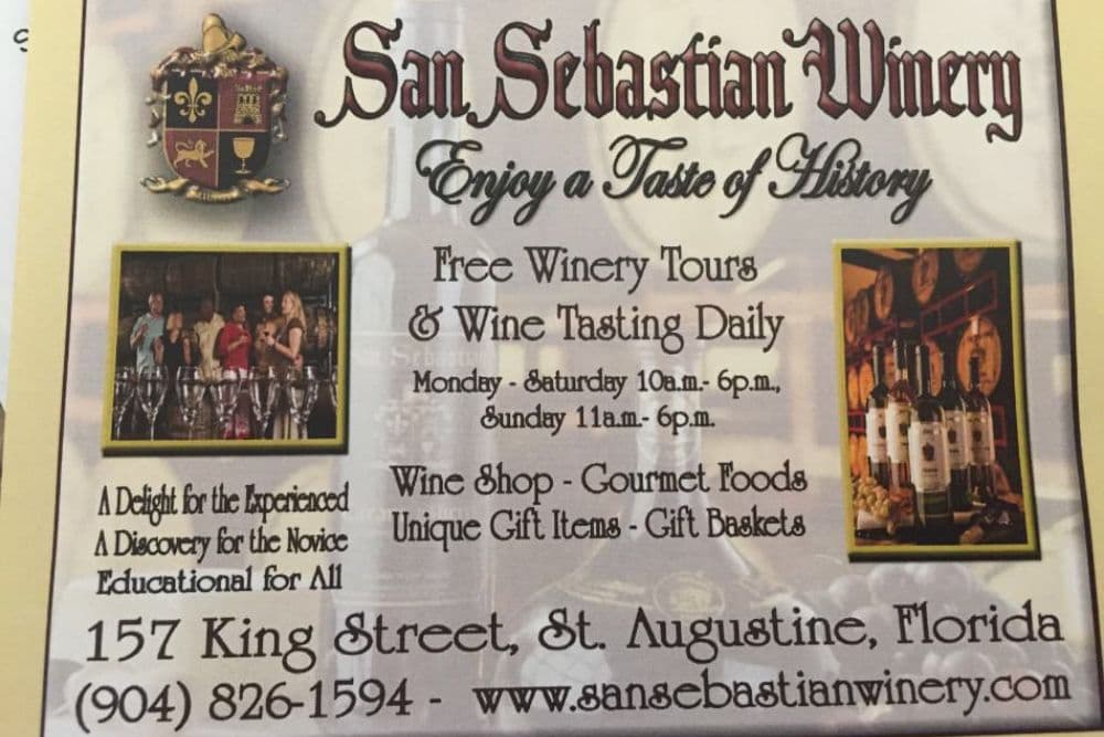 Promotional flyer for San Sebastian Winery offering tours, wine tastings, and gourmet items in St. Augustine, Florida.