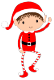 A cheerful cartoon elf waving, dressed in a red outfit with striped legs.