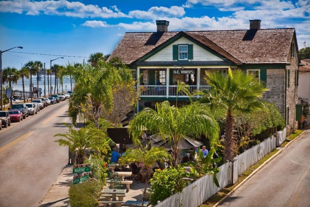 A waterfront restaurant with palm trees and outdoor seating, set against a blue sky and nearby street.