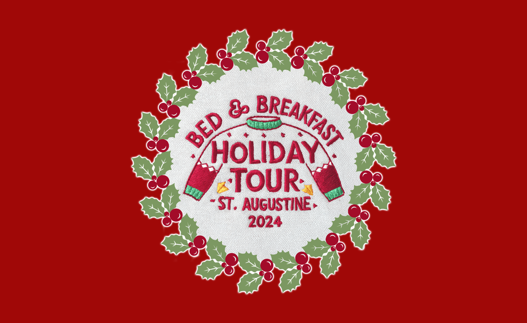 Holiday wreath on red background with Bed & Breakfast Holiday Tour St Augustine 2024 embroidered text in red in the middle of the wreath