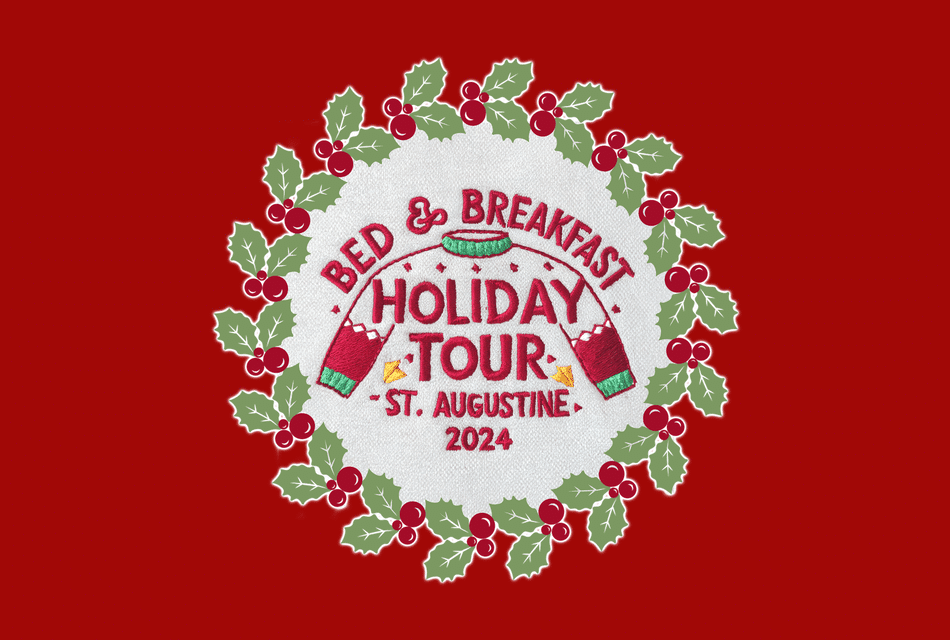 Holiday wreath on red background with Bed & Breakfast Holiday Tour St Augustine 2024 embroidered text in red in the middle of the wreath